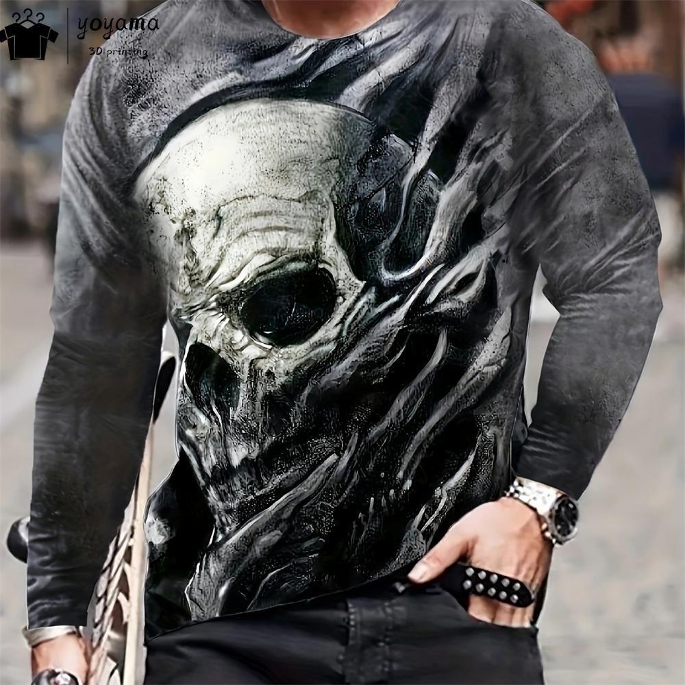 Fashion Skull Print Men's Clothing Casual T Shirt Men Vintage Print Skull Graphic T Shirts Street Loose Long Sleeve T-shirt Tops