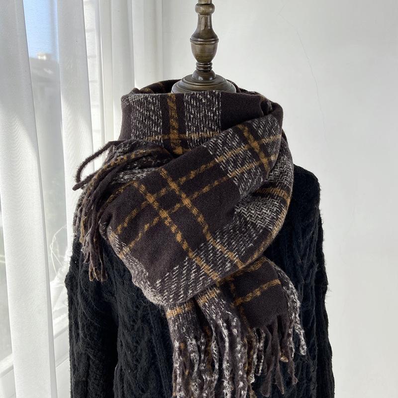 

Клетчатый шарф Женский Осенне-зимний Новый Ретро Шаль Имитация Кашемира Теплый Шарф с Бахромой