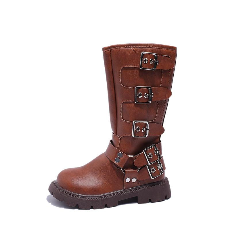 Spring Autumn Kid's Boot Long High Versatile Girl Fashion Black Leather Boots Solid Color Causal Children Catwalk Boots Non-slip