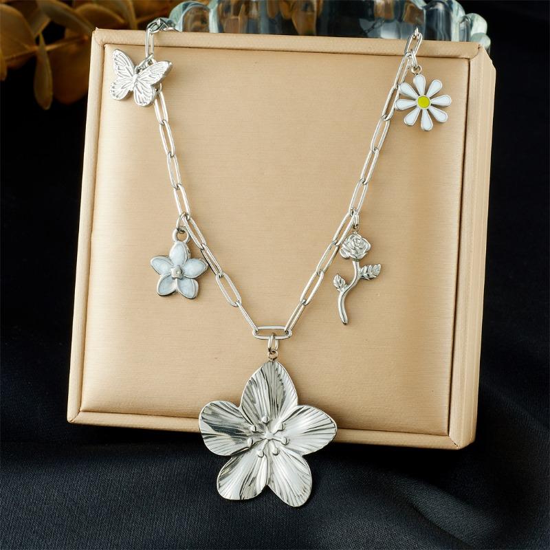 Gold Paperclip Chain Necklace with Flower and Butterfly Charms