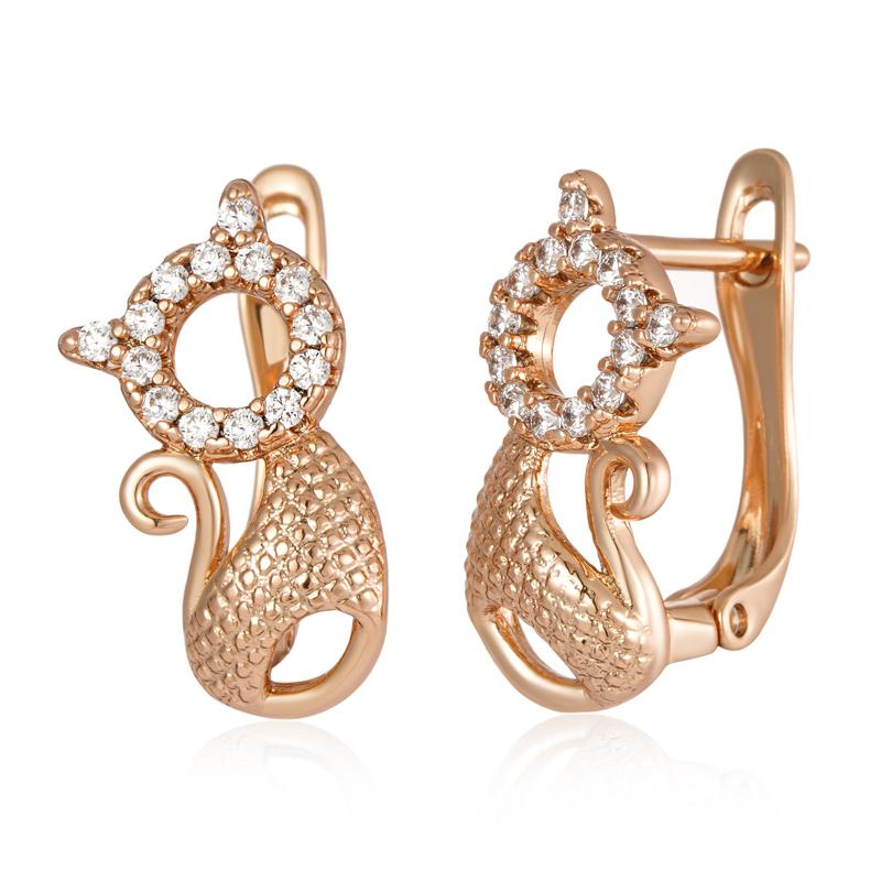 Kinel Luxury Cute Cat Earrings For Girls 585 Rose Gold Color Natural Zircon Accessories Children Baby Xmas Gifts Animal Jewelry