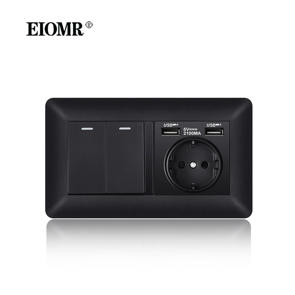 EIOMR EU Outlet with Usb Type-c Charging Port Black Curved Flame Retardant PC Panel 86mm Single Socket and 146mm Double Socket