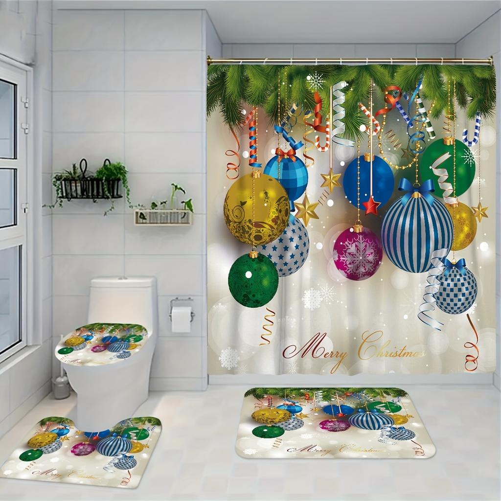 4Pcs Luxury Merry Christmas Shower Curtain Sets Waterproof  for Bathroom Non-Slip Bathroom Rugs Lid Toilet Cover Bath Mat