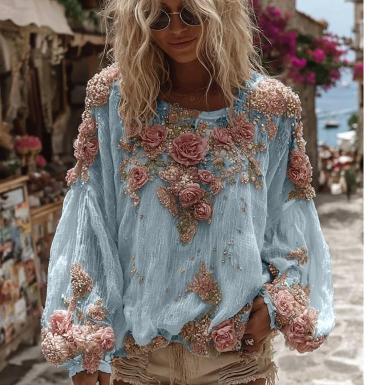 Flower Print Long Sleeved Breathable Autumn Shirts Female O Neck Loose Bohemian T-shirts Casual Holiday Beach Top Blouses