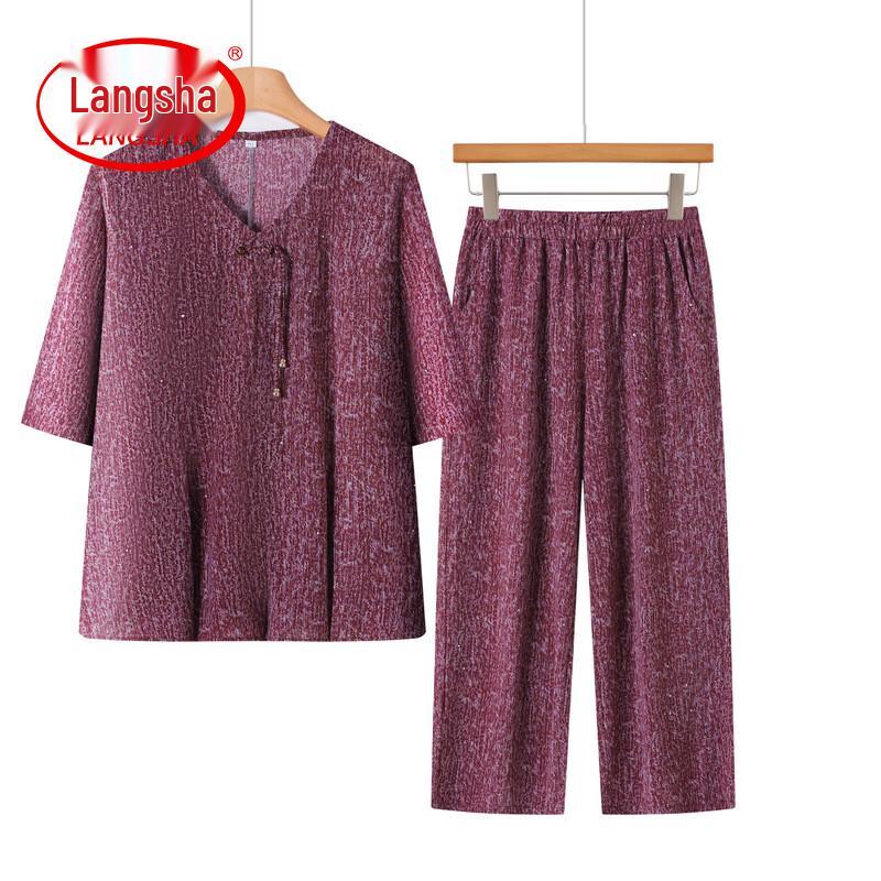 Langsha Women s Plus Size Printed V-Neck Summer Set 2XL