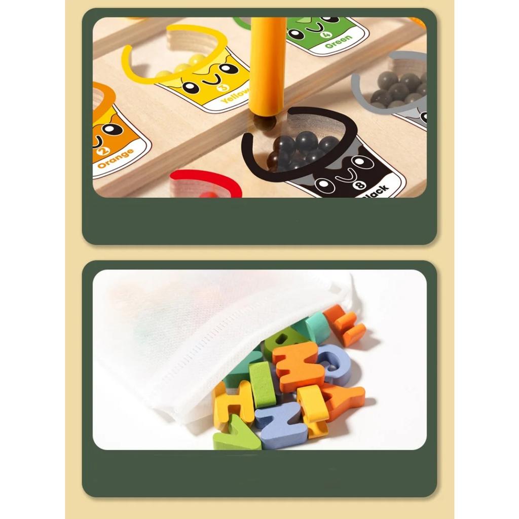 Toddler Montessori Toys 2 In 1 Wooden Magnetic Color & Number Maze with Drawing Board Color Sorting Counting Matching Toy