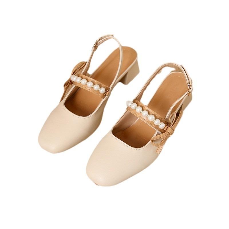 Thick medium heel bag head sandals summer wear women's fashion versatile pearl one-button sandals