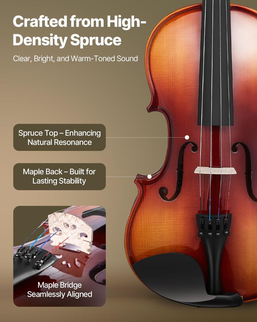 VEVOR Violin 4/4 355mm Full Size Fiddle Set Solidwood for Beginner Glossy Brown