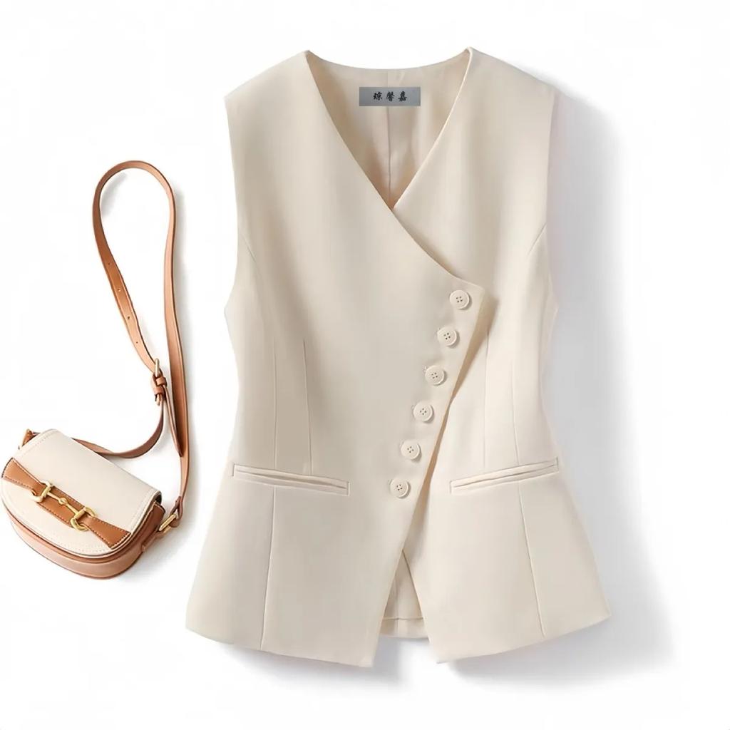 Spring Autumn V-neck Sleeveless Ladies Blazer Vest Coat Single Breasted Short Women's Suit Waistcoat Jacket