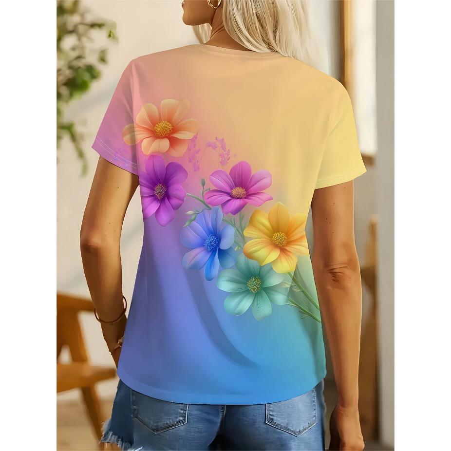 Plus-Size Women's Breathable Stretchy Short Sleeve Crew Neck T-Shirt - Vibrant 3D Floral & Butterfly Print, Summer Casual Daily Ladies T Shirts