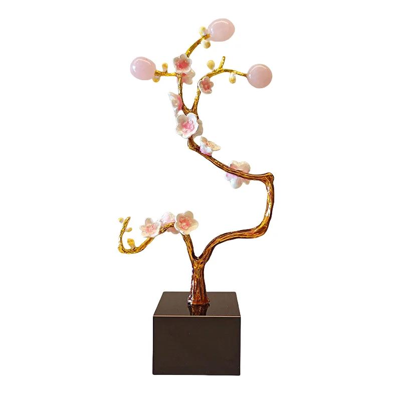 Metal Handicraft Golden Tree Crystal Ball Plum Blossom Statue Metal Decorative Figurines Home Decoration Accessories