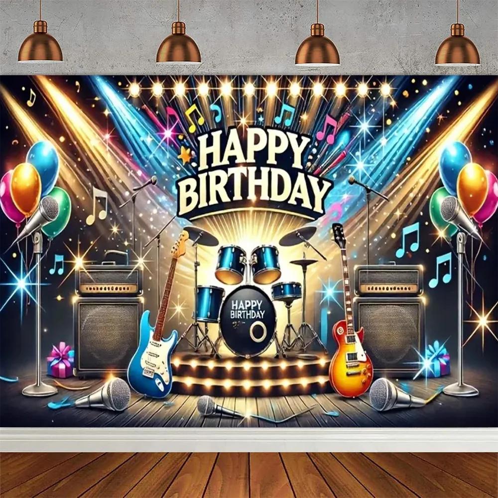 Rock Music Guitar Drum Theme Birthday Party Banner Background Dance Notes Band Music Stage Photography Studio Background Props