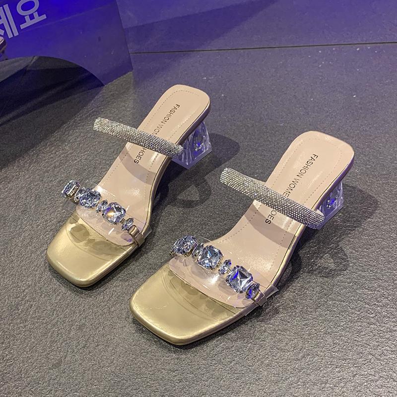 Fashion Transparent heel sandals Summer new square head open toe crystal line with anti-slip wear-resistant high-heeled slippers