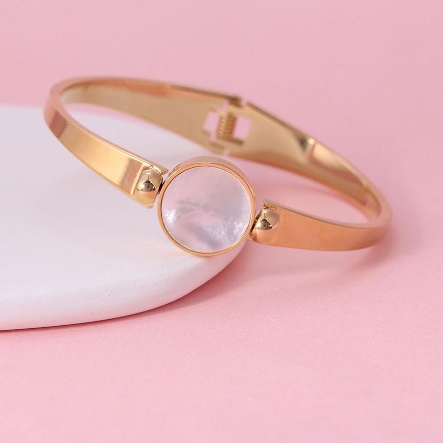 Mother-of-Pearl Shell Round Openable Women's Stainless Steel Bangle