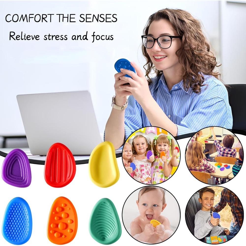 Fidget Toys Set of 6 Sensory Stones, Anti-Stress Toy Silicone Touch Sensory Toy for Stress Relief Anxiety, ADHD, Autism for All Ages