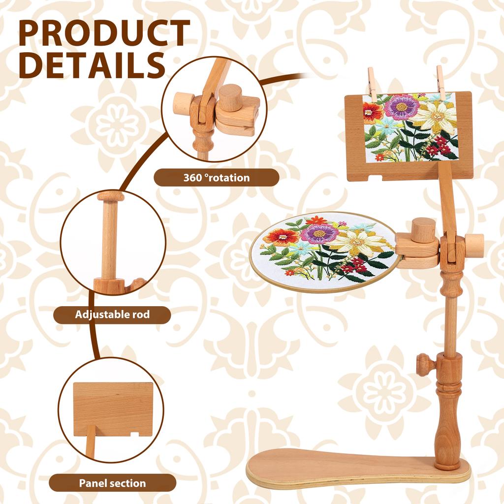 Embroidery Hoop Stand Adjustable Beech Wood Cross Stitch Stand Rotated Embroidery Frame Stand for Art Craft Sewing Needlework