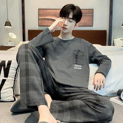 Men Pajamas Set Spring and Fall Plaid Solid Color Student Sleepwear Homewear Tops and Pants Nightwear Loungewear