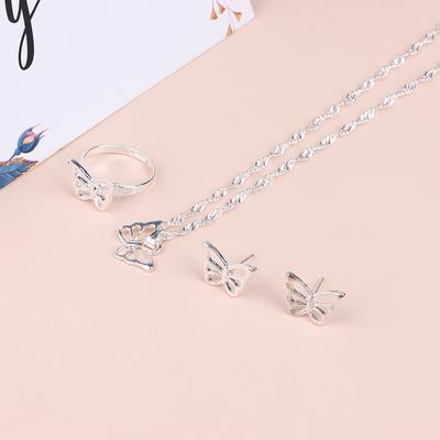 Delicate Faux Pearl Butterfly Flower Earring Ring Necklace Wedding Set For Women