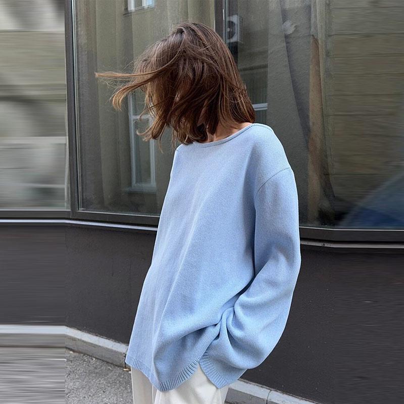 Cotton Pullover Overzie Sweater Women's Sexy Backless Loose Knit Sweater Round Neck Flared Sleeve Solid Color Pull Jumper Autumn/Winter 2025