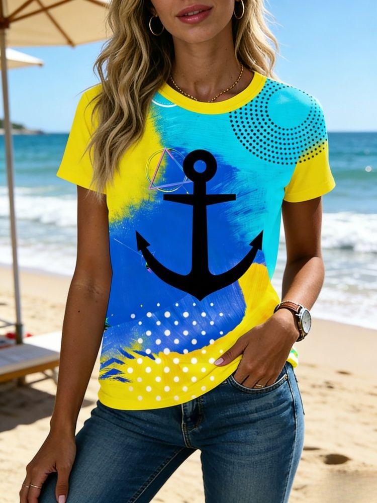 Summer Anchor Stripe 3D Print T-Shirts Women Casual Short Sleeve Round Neck T Shirt Harajuku Y2K Tees Top Female Street Clothing