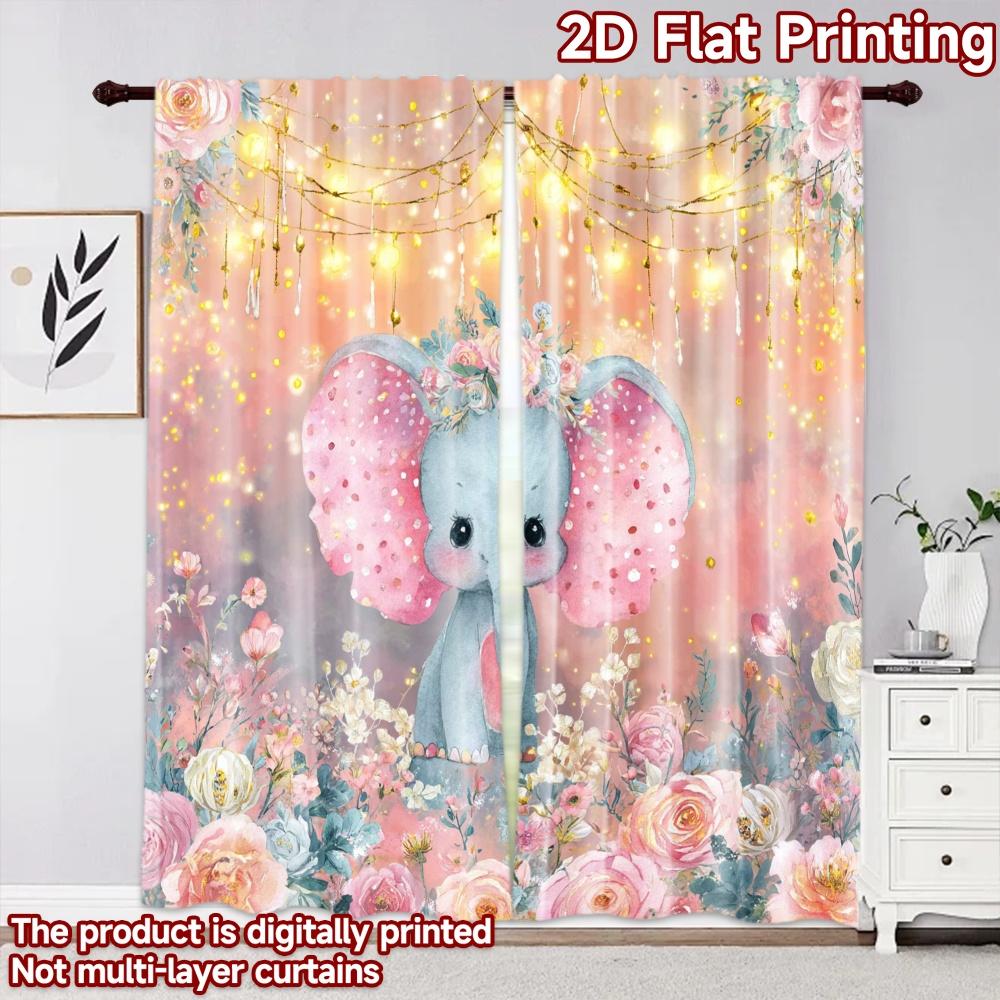 2D flat printing 2pcs Curtain Curtains Spring Floral Elephant Digital Printed Polyester Drapes Family Party Decoration Perfect