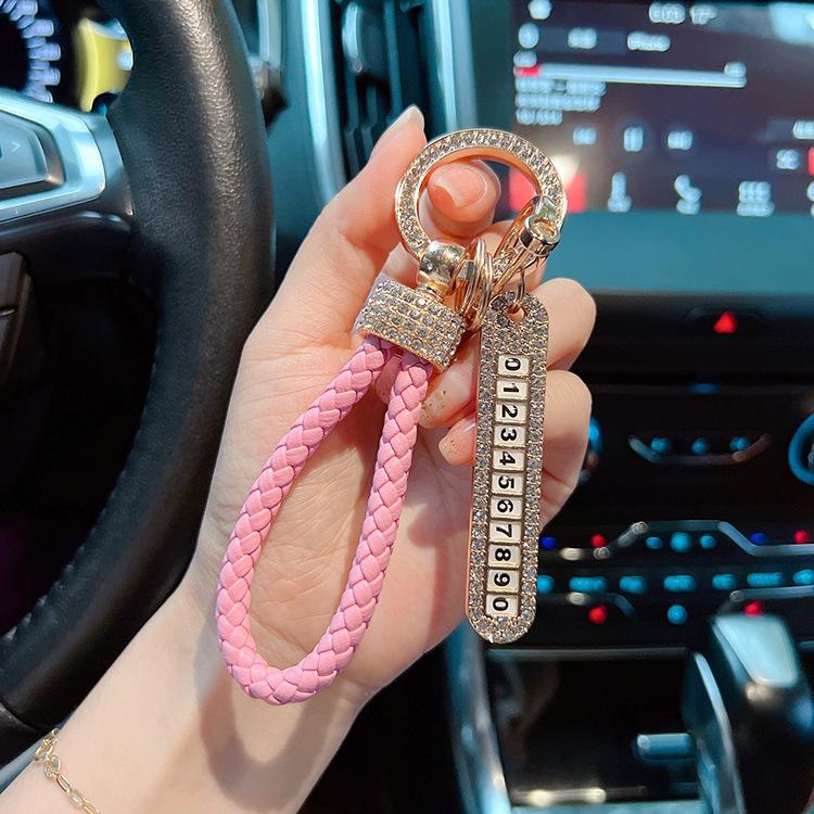 Creative and Fashionable Car Keychain, Leather Handmade Woven Rope, Full of Diamonds, Number Plate, Anti Loss Keychain Ring