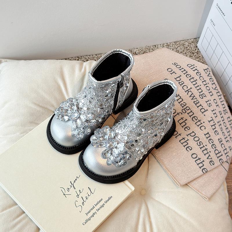 

2024 Осень/Зима Корейские Ботинки Принцессы с Кристаллами для Девочек - Средние и Большие Размеры Size 30 - 18 CM серебряный