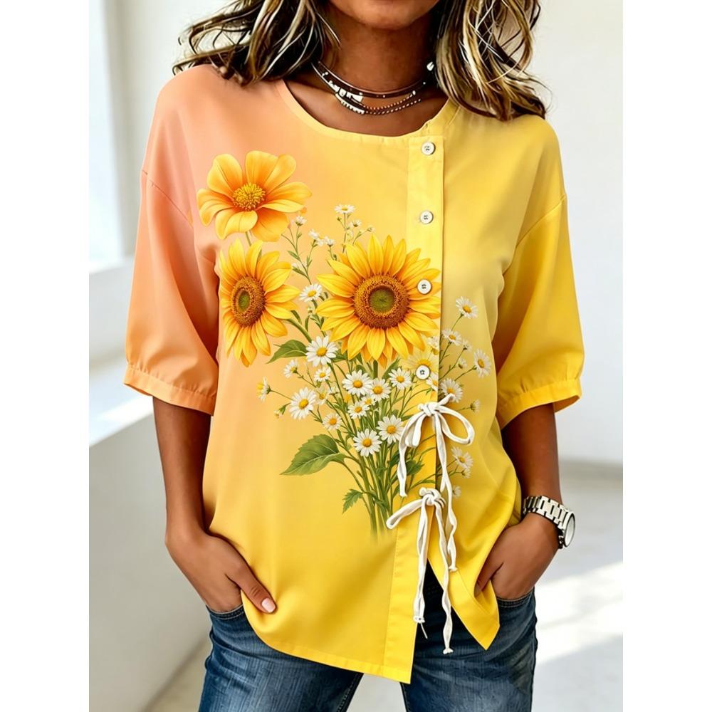 Women's Ombre Floral Print Drawstring Button Up Blouse, Casual Round Neck Tops for Spring Summer Daily Vacation Wear