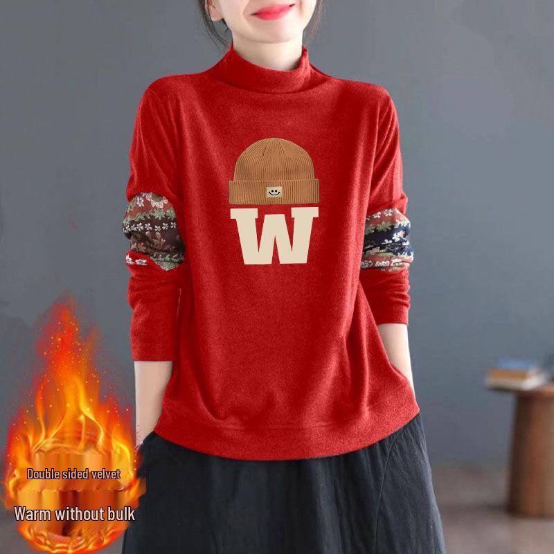 

Luxurious Double-Sided German Velvet Ethnic Print Long-Sleeve Loose Top with Semi-High Collar. L (100-115 jin)