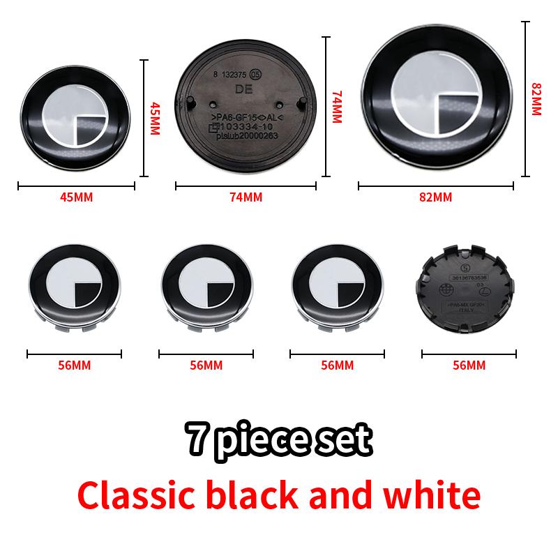 Car Black White BMW Logo Front Hood Emblem 82mm Rear Badge 74mm Wheel Hub Cap 68mm 56mm steering wheel sticker 45mm Accessories