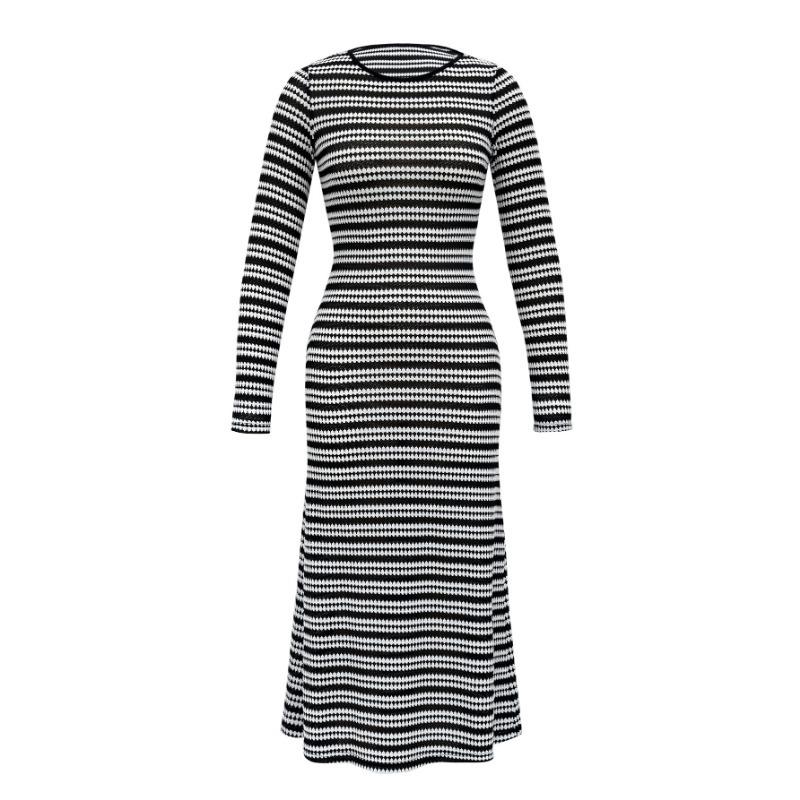 Striped Knee-length Long Dress, Long-sleeved Round-neck Thickened Knitted Dress, Slimming Long Dress