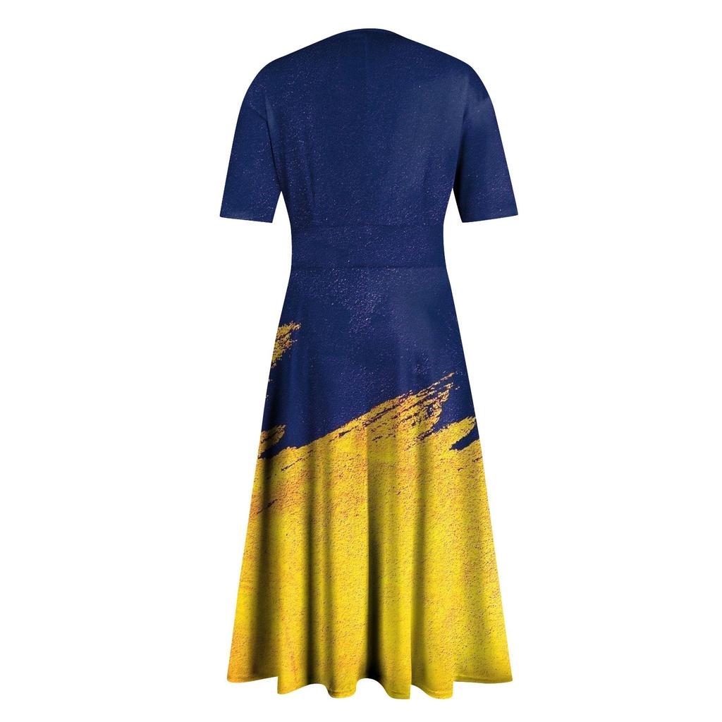 Ladies Casual Fashion Gradient Print V-Neck Short Sleeve Waist Long Swing Dress