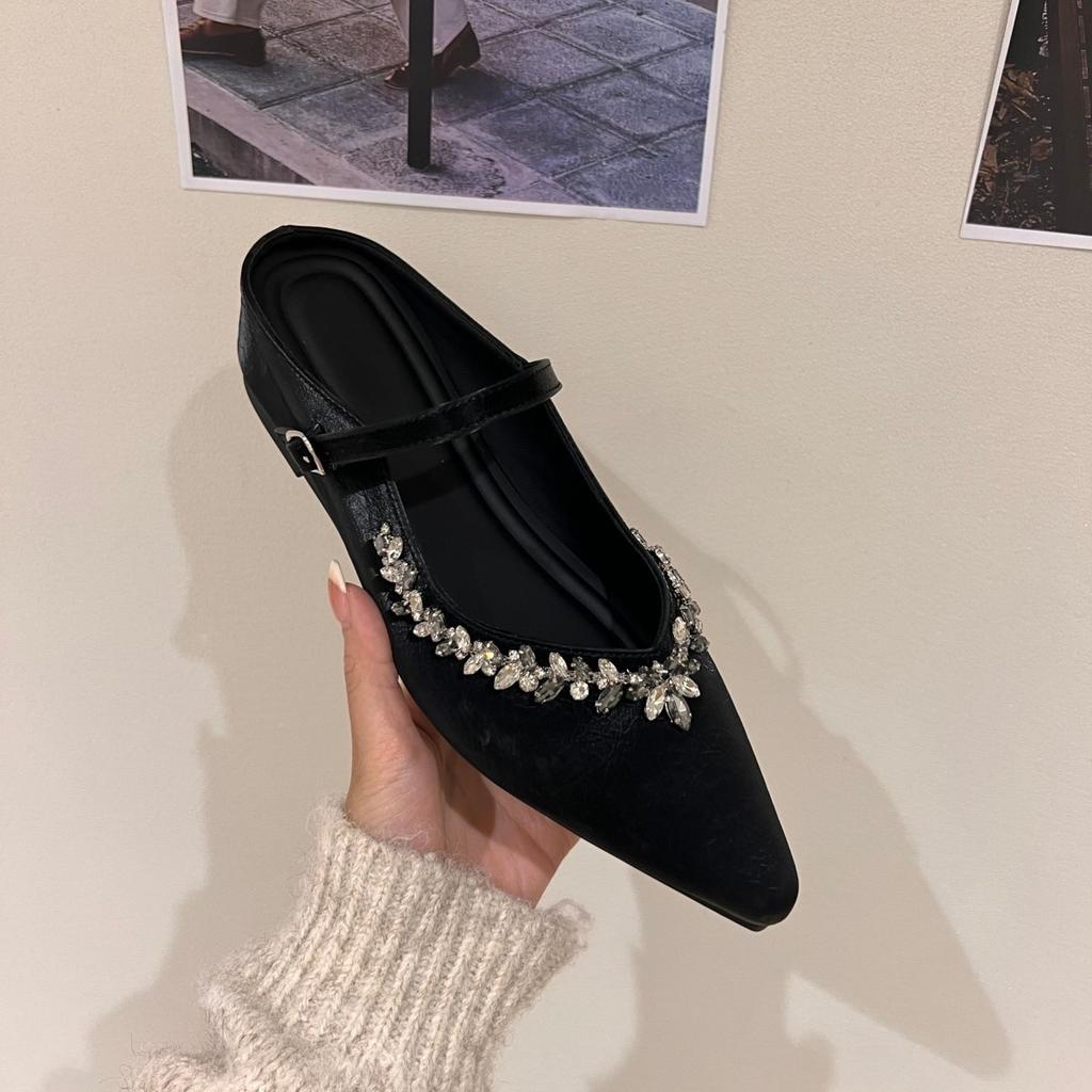 Inner height increase 3CM pointed silver rhinestone bag head half slippers women's shoes outer wear 2025 spring and summer French single shoes