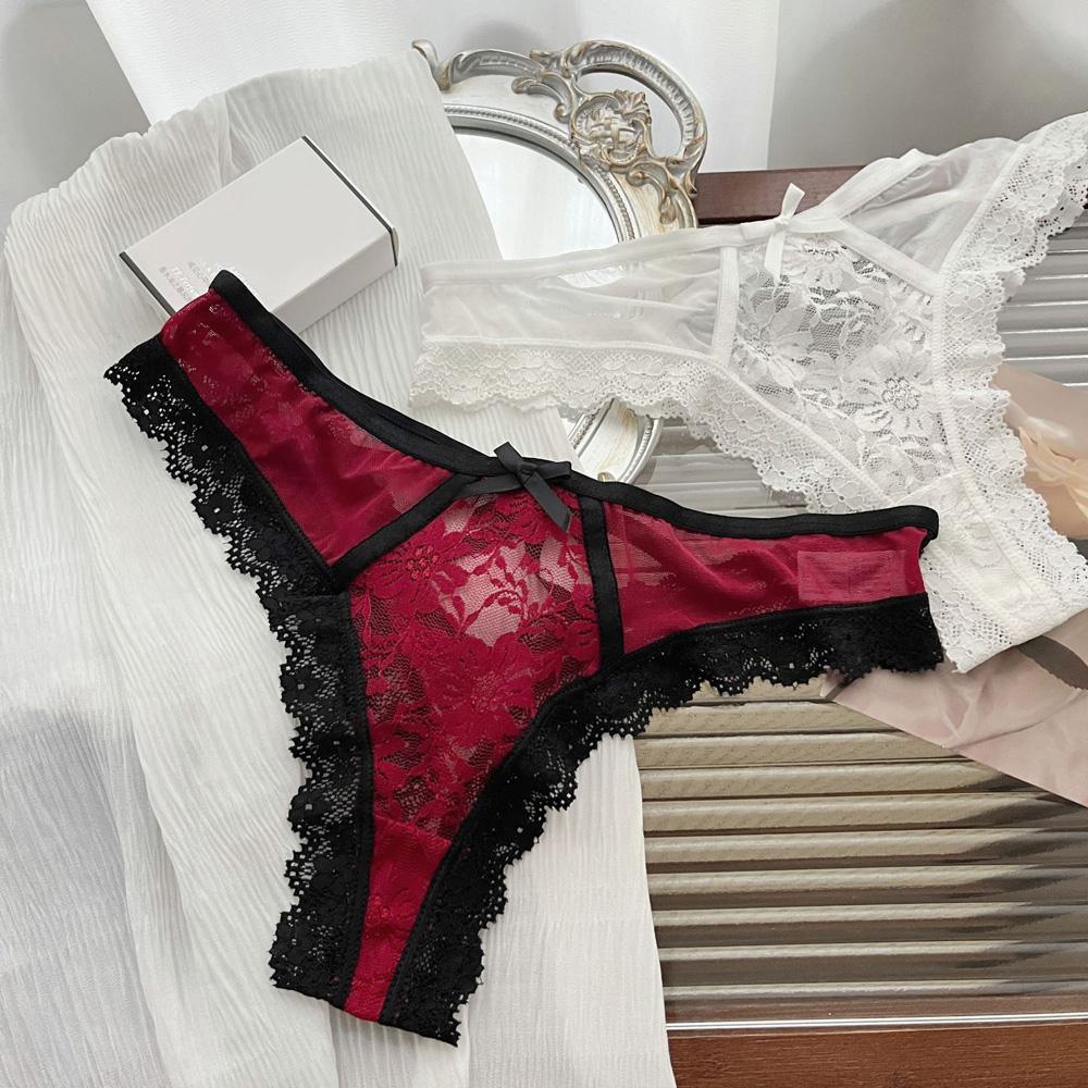 Lace Bow Sexy Thong Transparent Women's Lingerie Low Waist Flower Embroidery Mesh Perspective Hollowed Panties Briefs