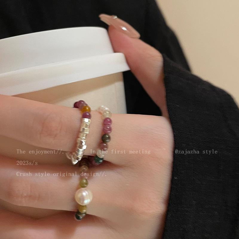 Tourmaline Pearl Natural Stone Ring for Women, Light Luxury Layered Wear, Niche Design, Index Finger Ring, High-End Beaded Accessory Ring