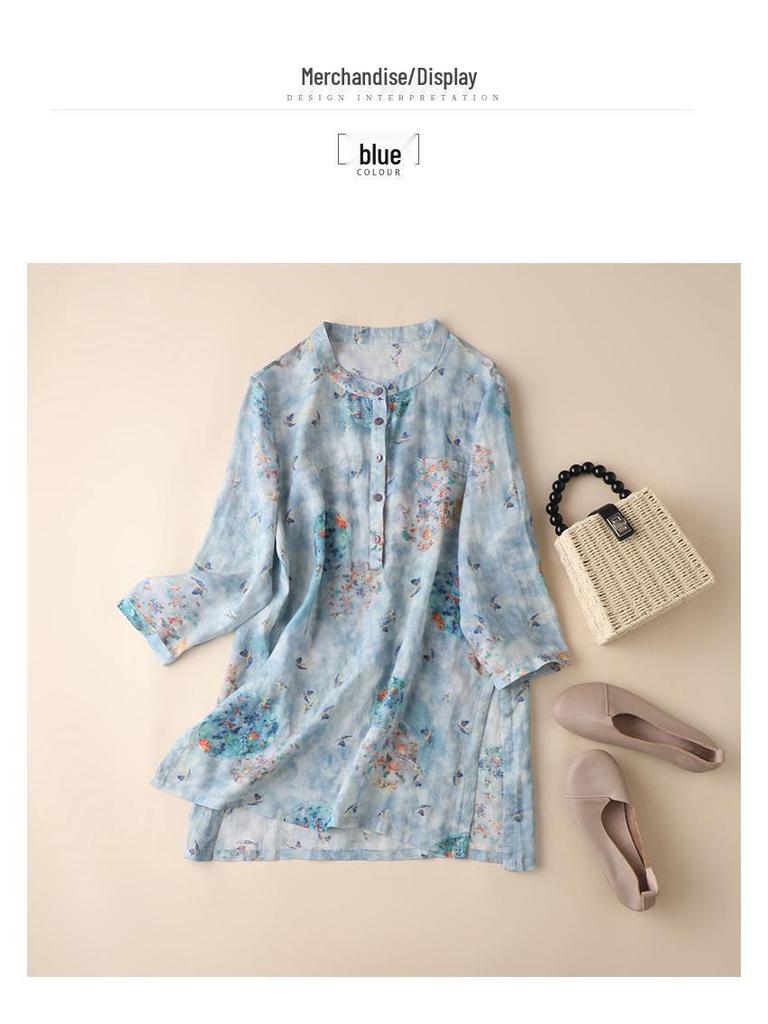 2025 Women's Trendy Loose Nine-Sleeve Printed Ramie Stand Collar Pullover Shirt