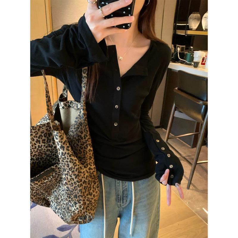 Autumn Korean Style Slimming Long-Sleeve Button-Up T-Shirt