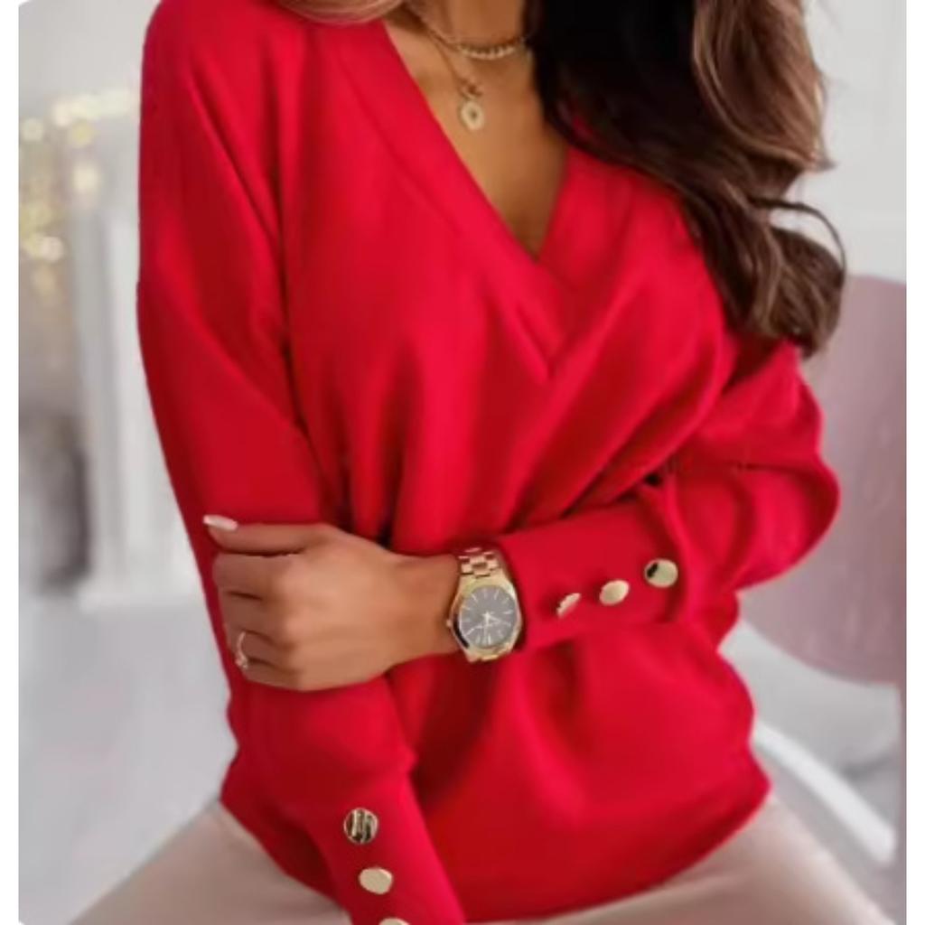 Women's V Neck Long Sleeve Loose Fit Knit Top Casual Solid Color Pullover Sweater