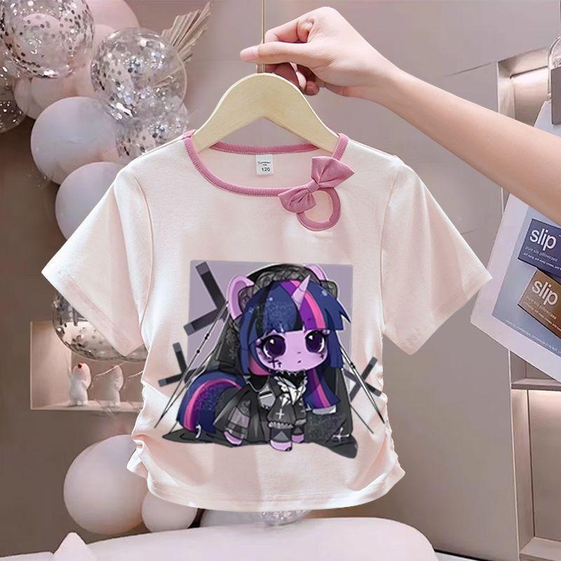 Girls' Fashionable Bow Tie Top for Summer, Children's Round-neck Short-sleeved Pure Cotton T-shirt