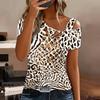 Women Leopard Print Stitching Print Stitching  Print Cold Shoulder Short Sleeve T Shirt Irregular Cutout Neck Casual Summer Blouse Top