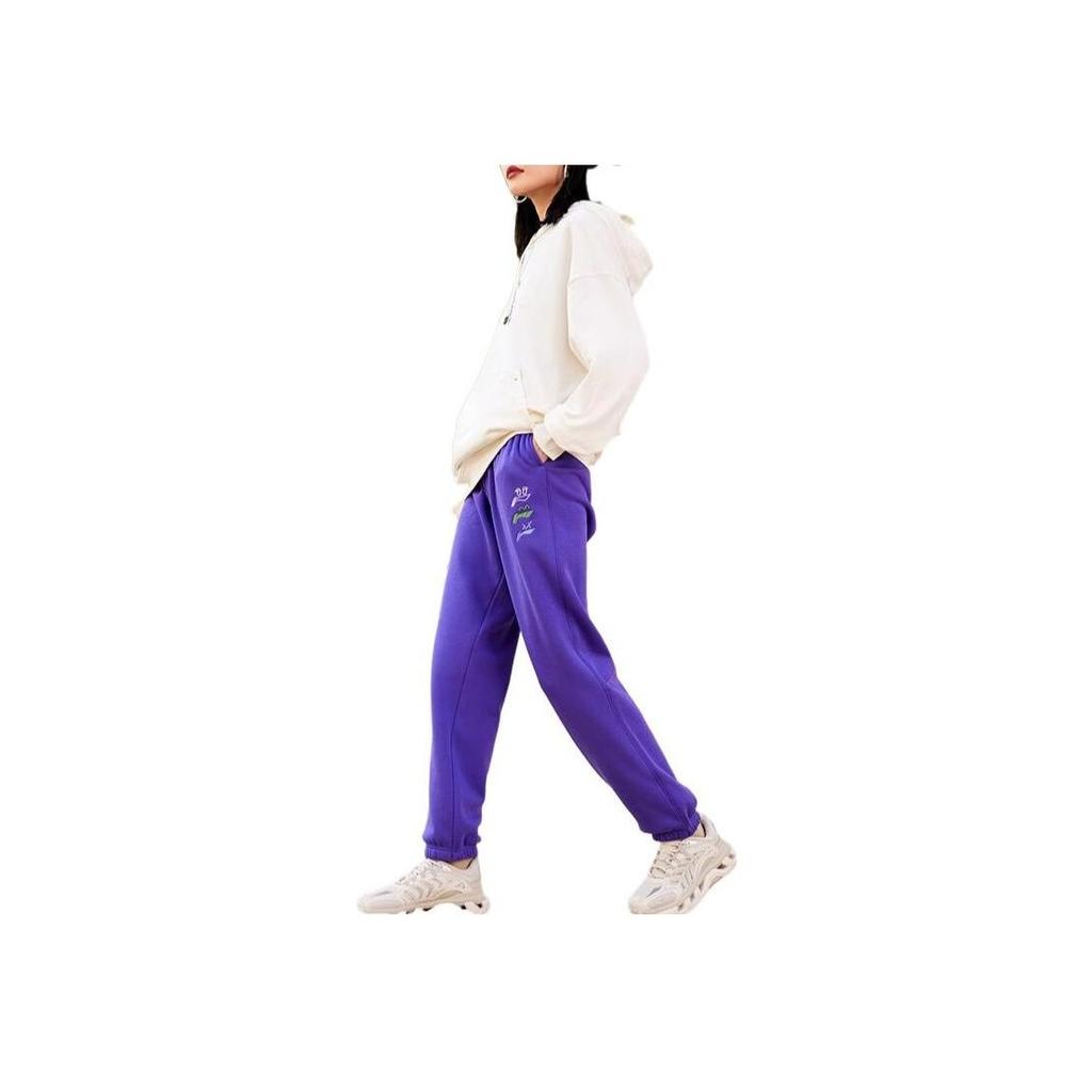 Li Ning Sports Lifestyle Series Fleece Lined Warm Elastic Waist Casual Knit Pants Women Pants Free-Purple AKLSG68-2