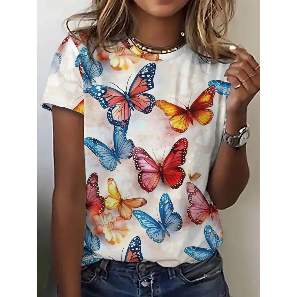 Fashion Flower Print Top Women s Butterfly Print Short Sleeve Casual Comfortable T-Shirts Women’s XS