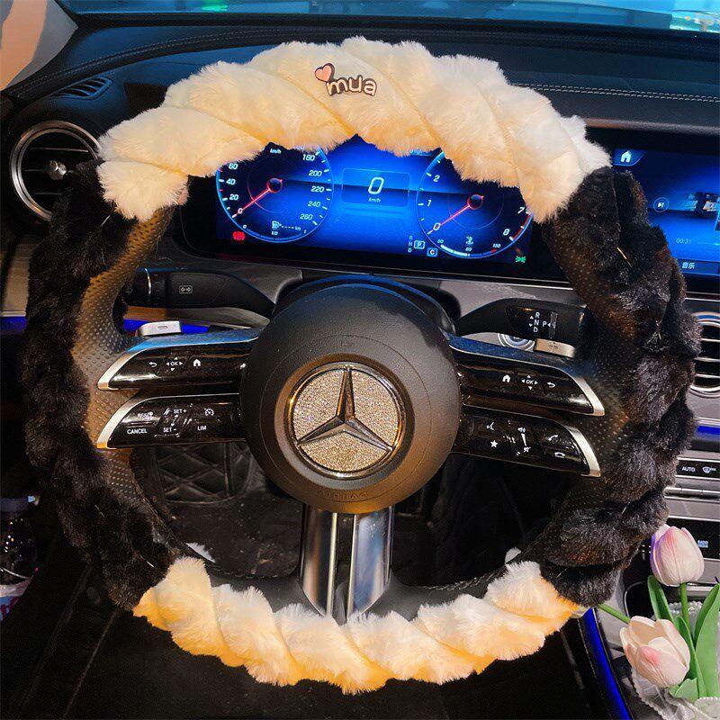 

2024 New Model F High-End Plush Soft Warm Car Steering Wheel Cover Cute Goddess Car Interior Decoration Handle Long-Haired Puff Black and White
