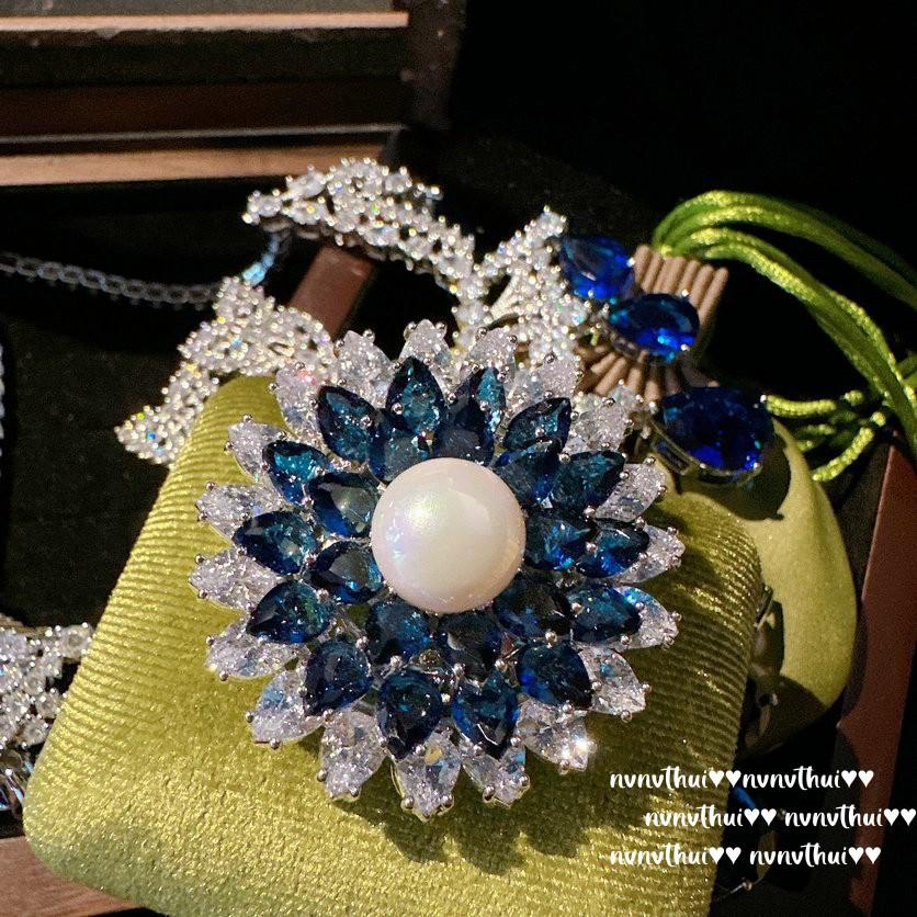 Lace Honeycomb Sapphire Water Drop Necklace, Antique Plated 18K Gold, Royal Blue Engraved Zircon Earrings, Brooch