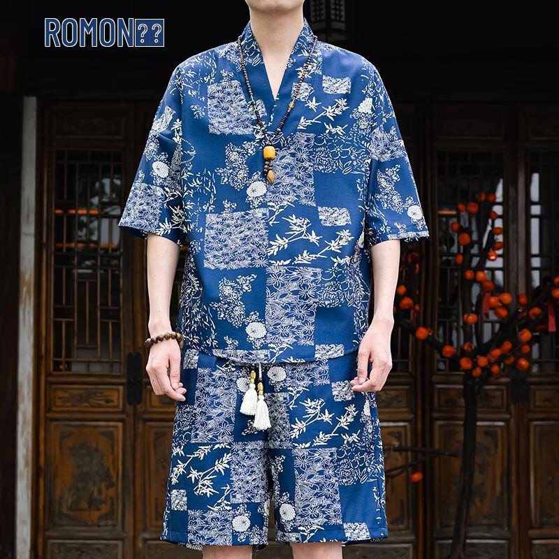 ROMON Men s Chinese Style Linen Print Two-Piece Tang Suit T-shirt Set XL