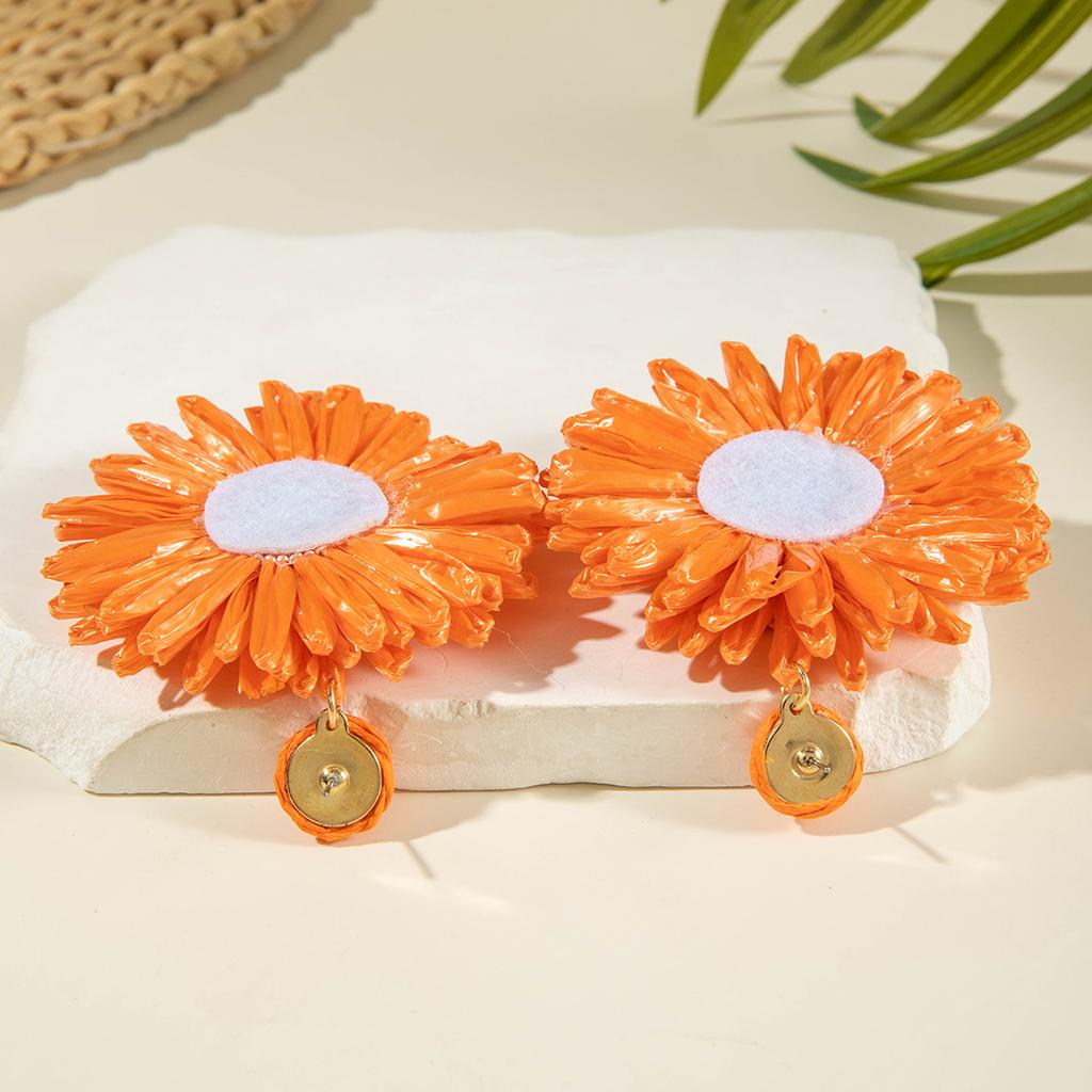 Tocona Bohemia Handmade Colorful Raffia Sunflower Dangle Earrings For Women Vintage Summer Vacation Beach Style Statement Jewelr