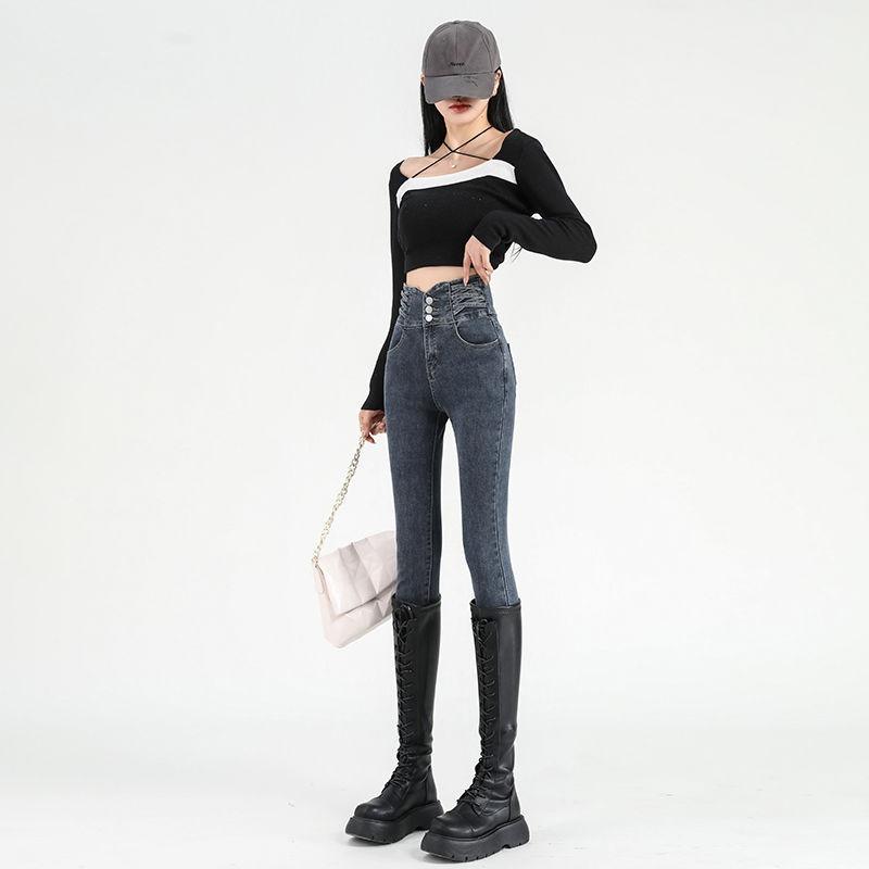 Women's High-waisted and Small-footed Jeans, the New Season Slim-fitting and Thin, Fleece Tight Pencil Winter Pants