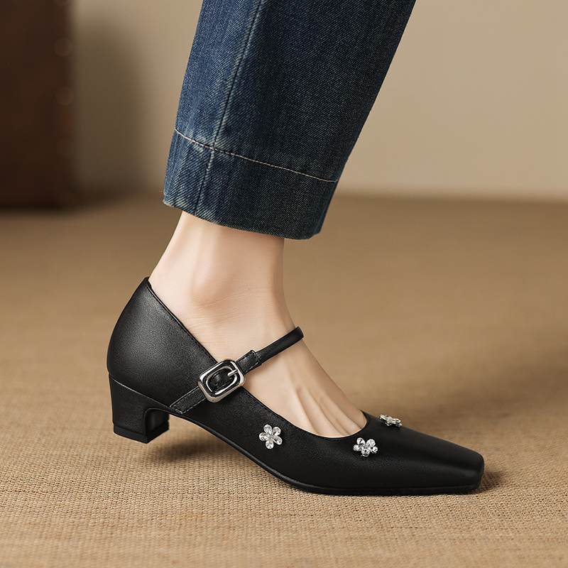 Krazing Pot Microfiber Square Toe Thick Med Heels Spring Summer Shoes Big Size 43 Flowers Decoration Women Office Lady Pumps