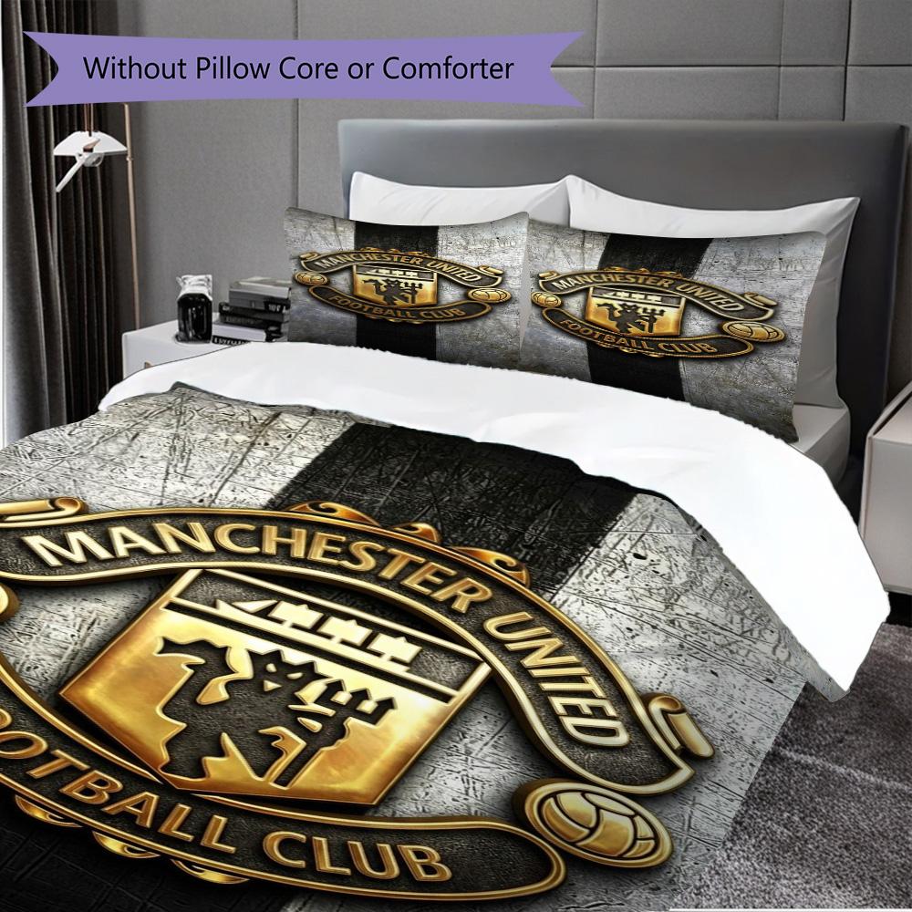 Manchester Emblem Glow Dreiteiliges Set (1 Bettbezug + 2 Kissenbezüge, ohne Füllung) 2D Flachbettwäsche-Set Weich und bequem