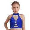 Girls Latin Dance Crop Top Halter Sleeveless Crisscross Back Mesh Patchwork Sparkling Rhinestones Vest